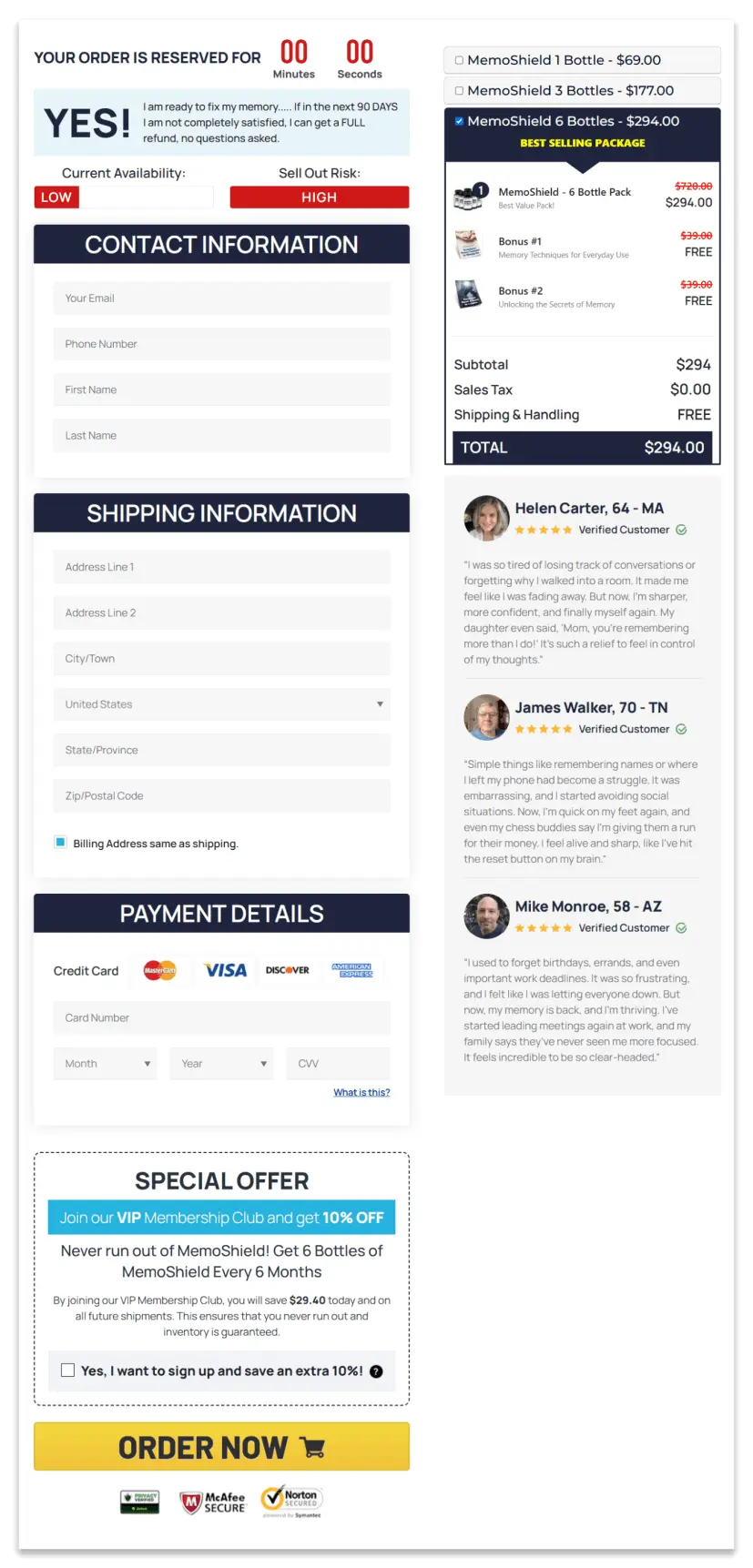 MemoShield Order Page